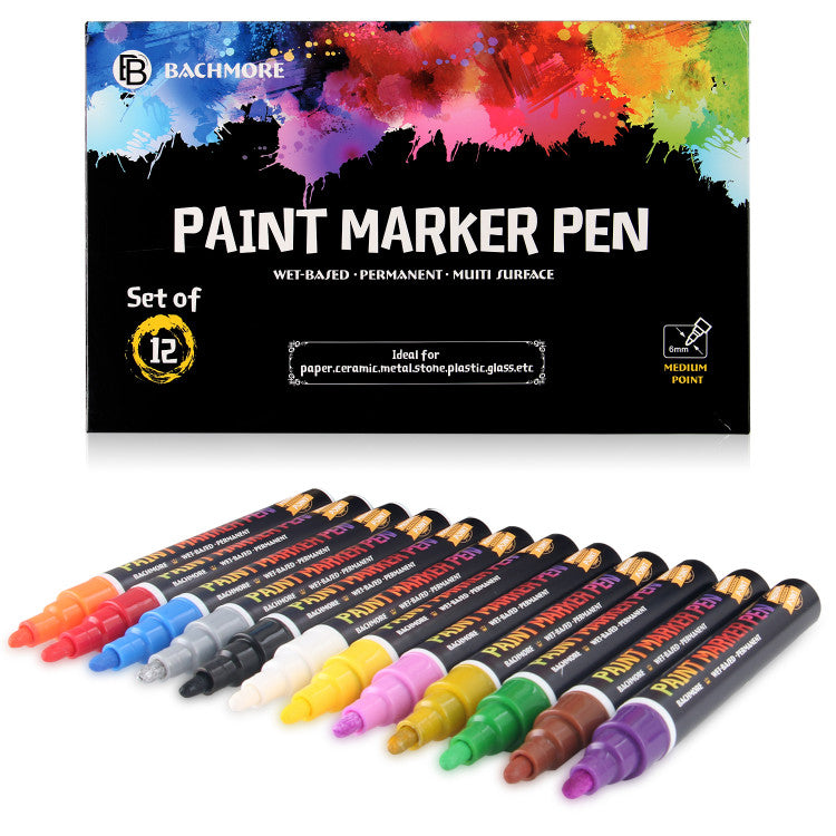 Paint Pens with 12 Assorted Colors for Multi-Surfaces –