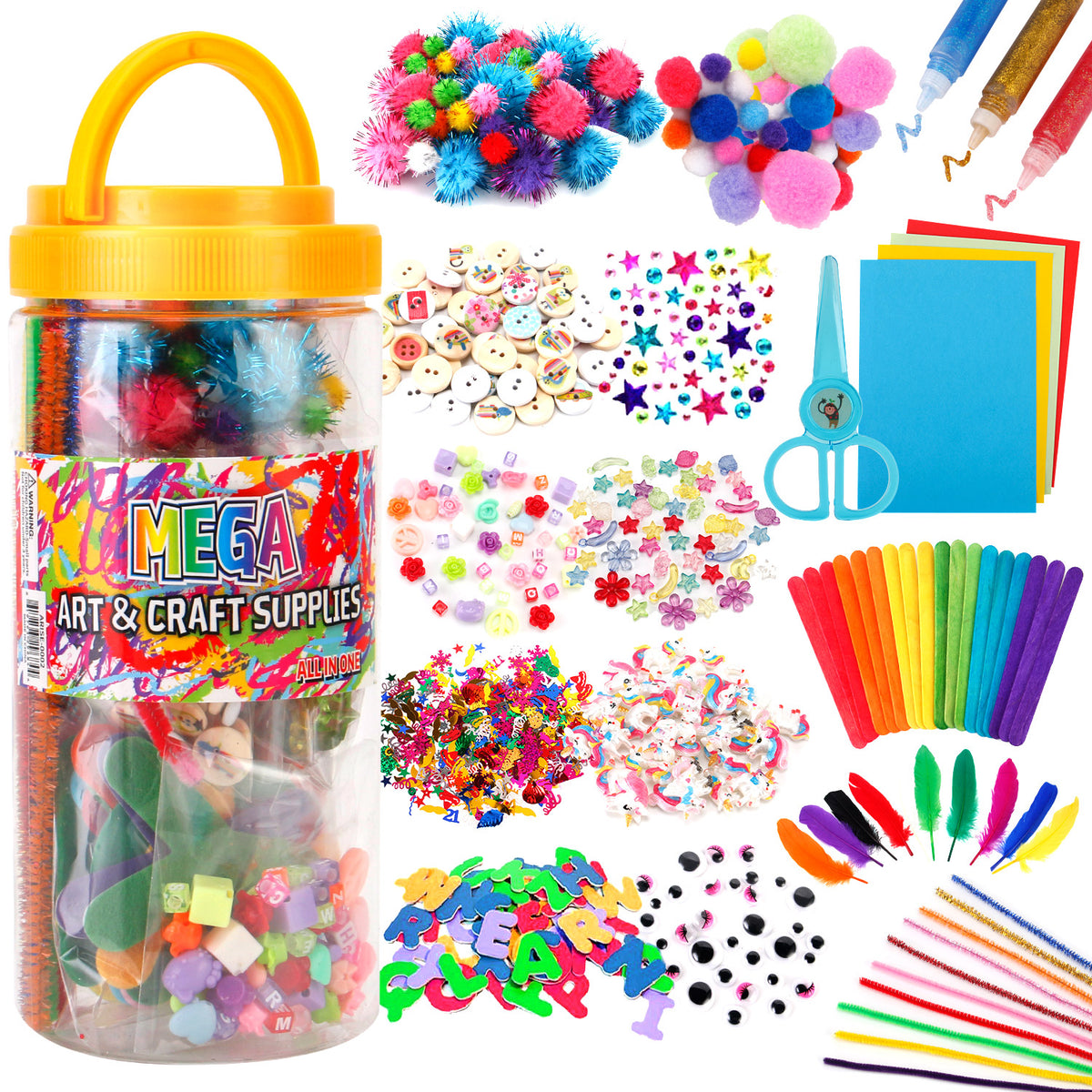 Kids Art Supplies Jar Colorful and Creative Arts and Crafts Materials - Glue, Safety Scissors, Pompoms, Popsicle Sticks,etc.